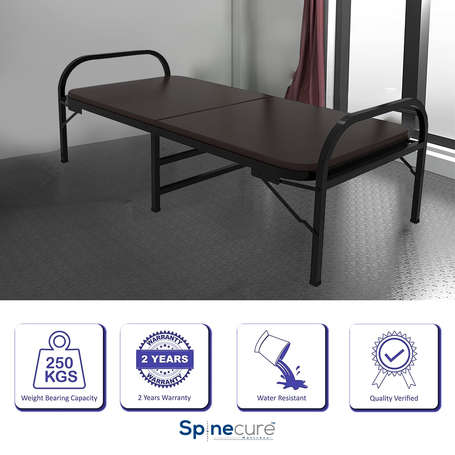 Spinecure Metal Folding Bed – Medium Firm Foldable Bed with Plywood for Guests (Black, Single Size-72" X 36")
