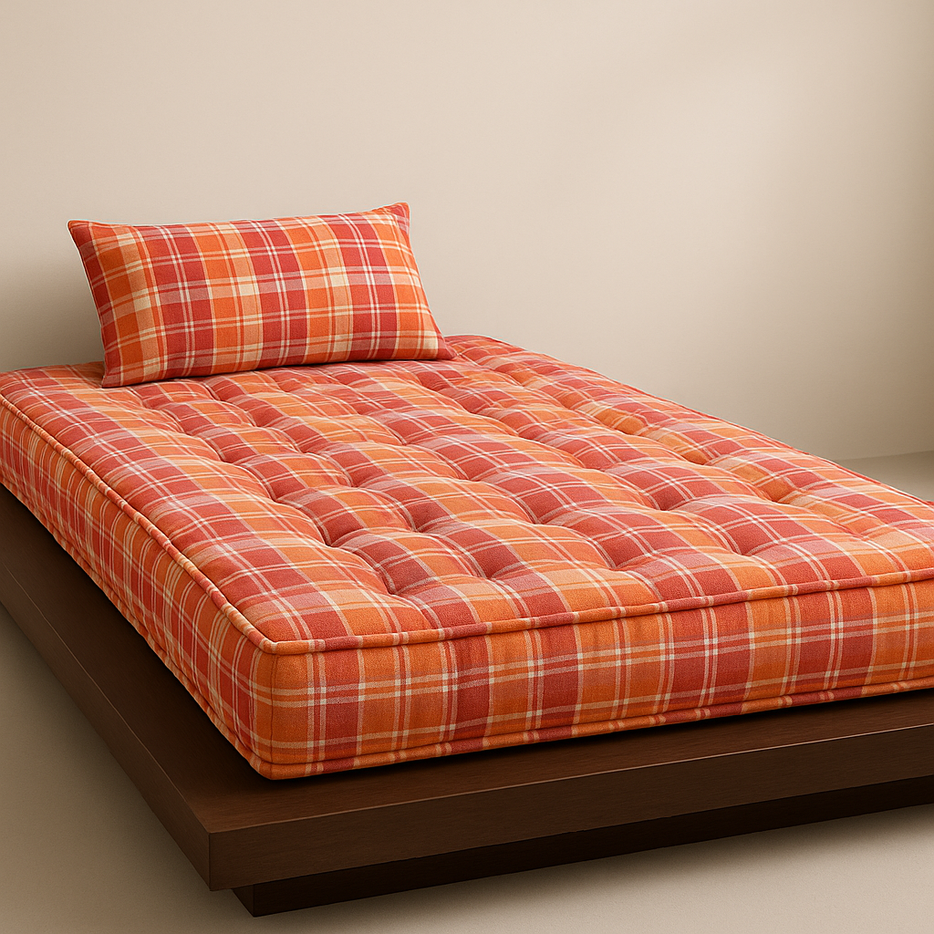 Box-Type Cotton Foldable Mattress – Firm Gadda for Floor & Bed by Spinecure (Orange)