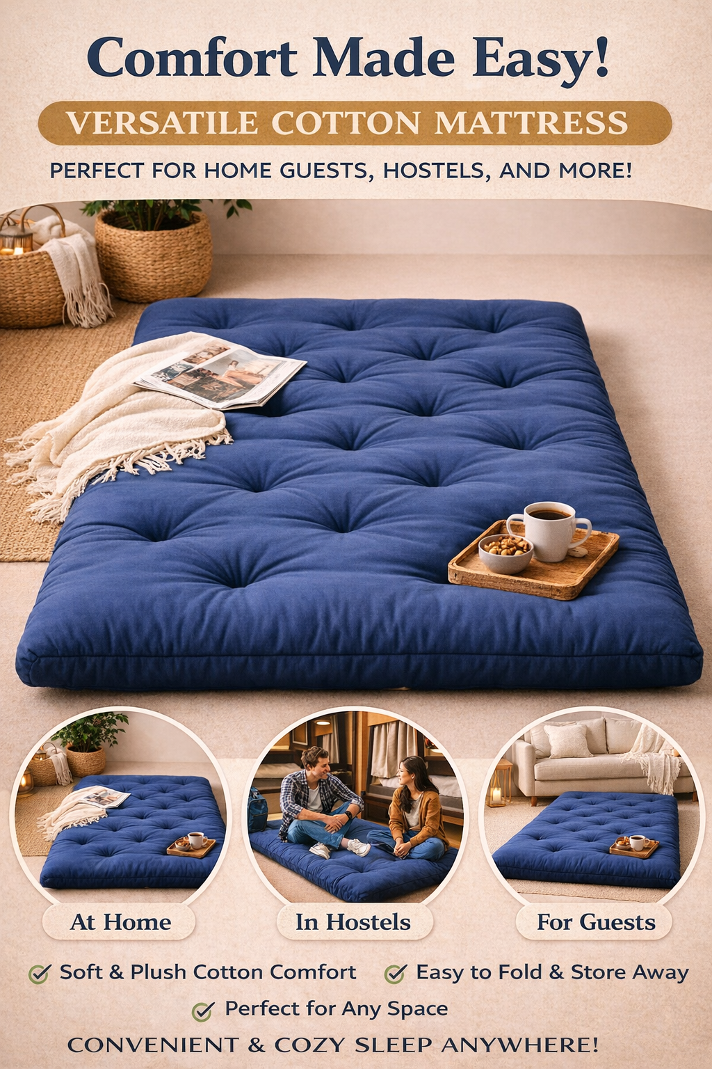 Spinecure Cotton Foldable Mattress – Light-Filled Gadda for Floor or Single Bed Use (78x36 Inches)