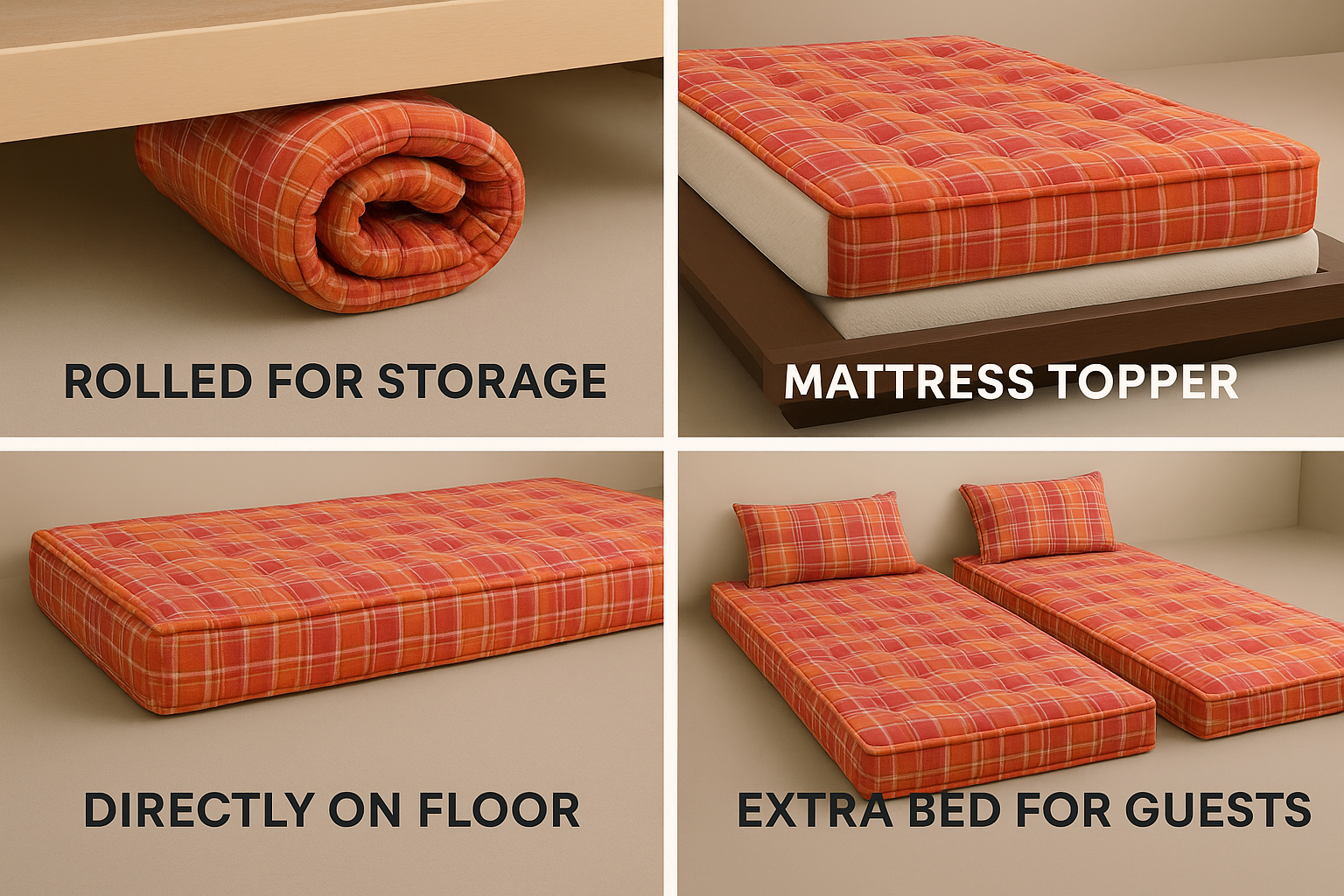 Box-Type Cotton Foldable Mattress – Firm Gadda for Floor & Bed by Spinecure (Orange)